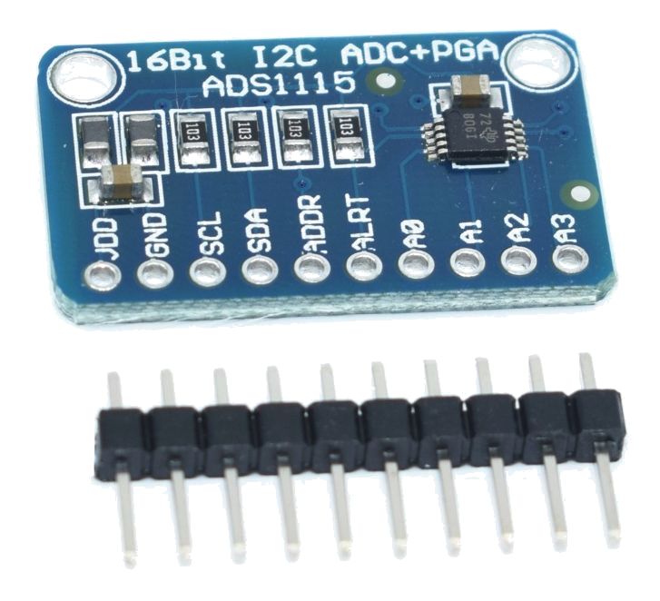 ADC 16-bit 4 kanalen I2C (ADS1115) bovenkant schuin met header pins